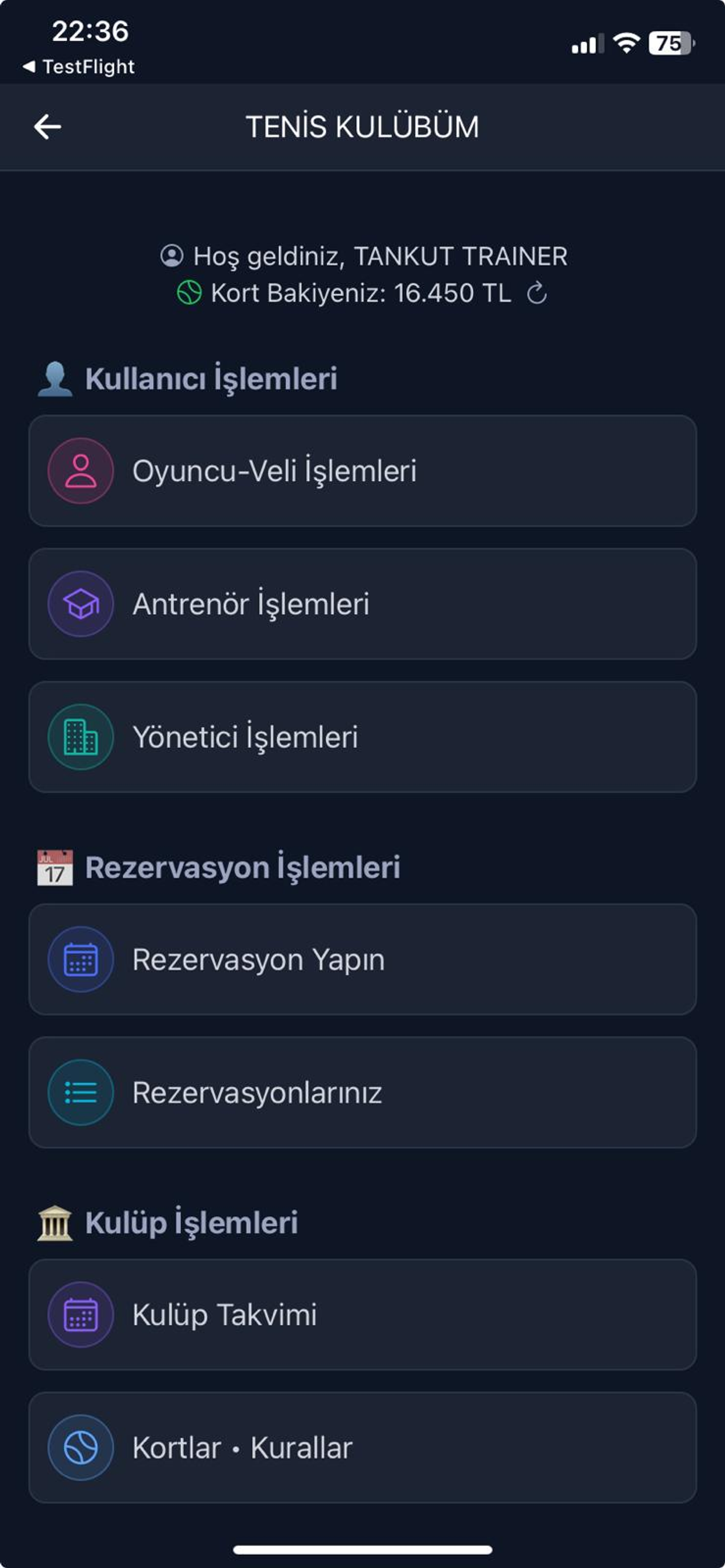 SiberTenis tenis yazılımı kulüp seçenekleri - kort rezervasyonu ve eğitim modülleri